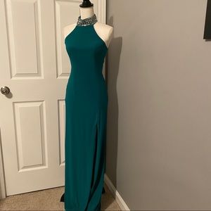 Emerald Green High Collar Formal Dress